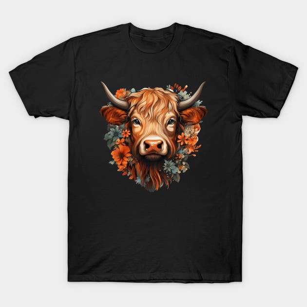 Highland cow colorful floral Illustration T-Shirt by Ross Holbrook